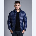 Men's duck down winter parka jacket with hooded lapel, single-breasted, in black