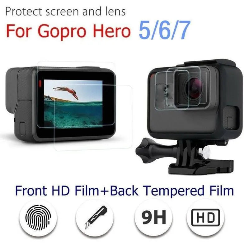 GoPro Hero 5 6 7 transparent 9H tempered glass lens and LCD screen protector film pack