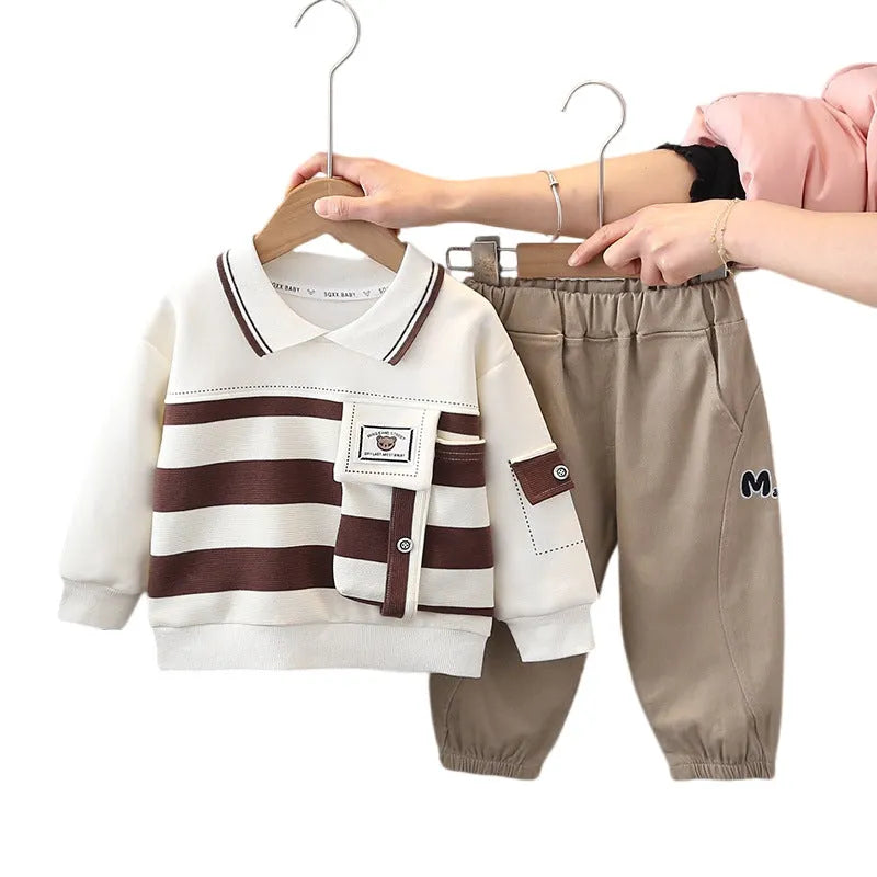 Boys and girls striped cotton two-piece suit set with large pocket and lapels in green, black, or brown