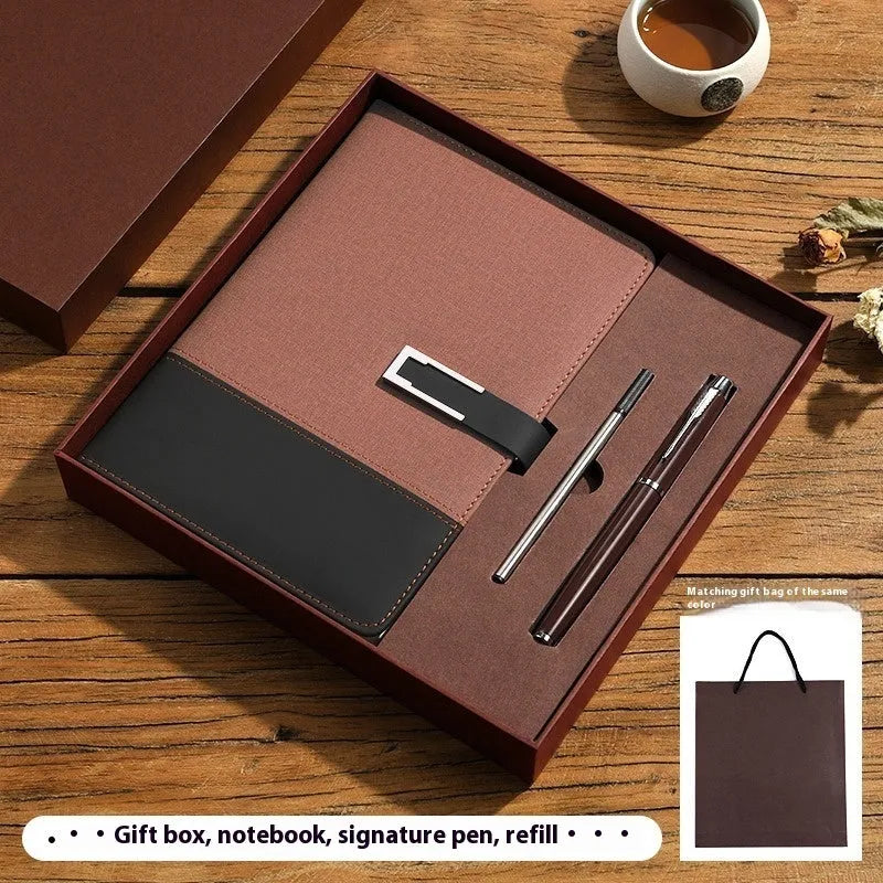 A5 leather notebook in choice of colours with gift box, open to show wood-free paper.