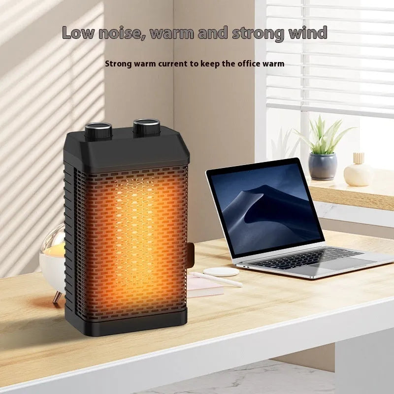 Black remote control desktop heater with oscillating grill on a wooden desk