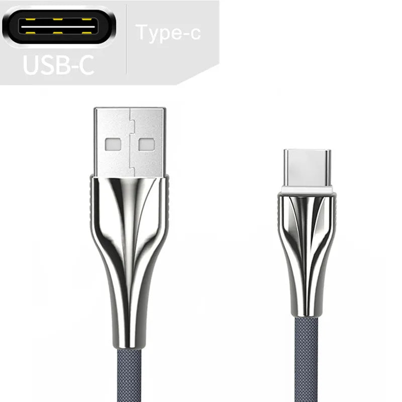 Aluminum alloy braided mobile phone data cable with three interfaces in black, silver, gold, rose gold, 1m length