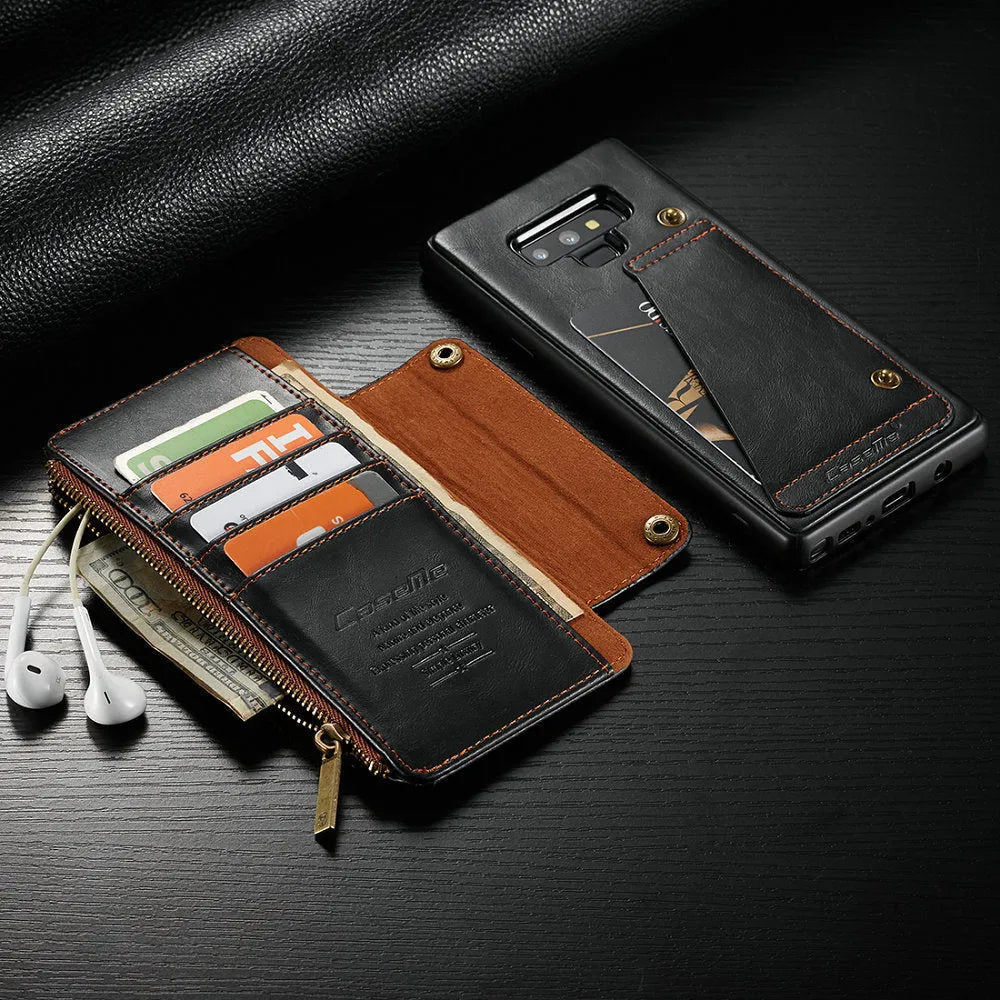 Black PU leather flip phone case for Samsung Galaxy Note9 showing card slots and magnetic closure.