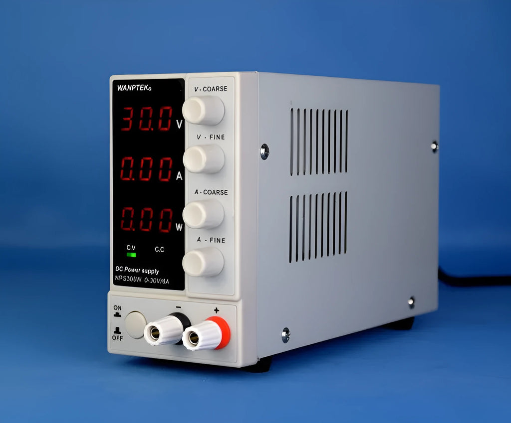 White NPS605W adjustable DC lab power supply with digital display for electronic device repair.