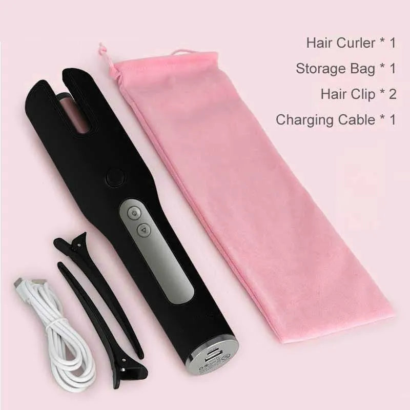 Wireless automatic hair curler with LCD screen, ceramic heating tube and 4800mAh battery, shown in pink