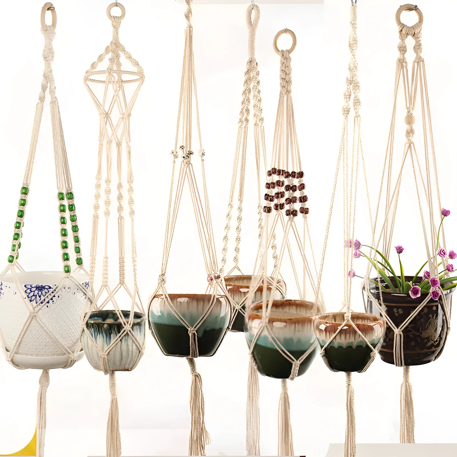Woven wire plant pot holder in cotton rope or twine, showing desktop, wall-mounted, and hanging styles.