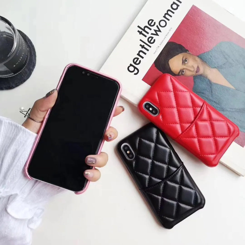 Leather mobile phone case for iPhone, shown in black, pink, and red colour options.