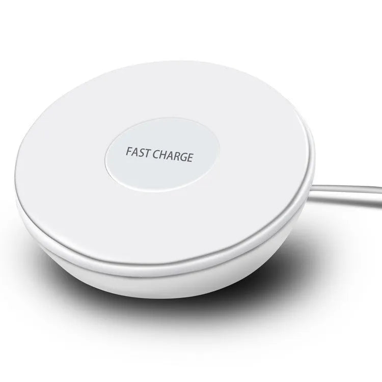 White wireless phone charger with clock display and control buttons on front