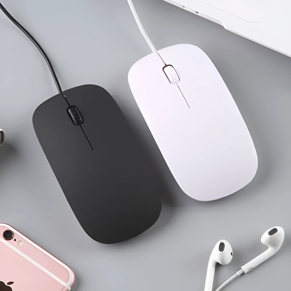 Ultra-thin wired mouse in mute black with USB cable and compact 110x58x21mm profile