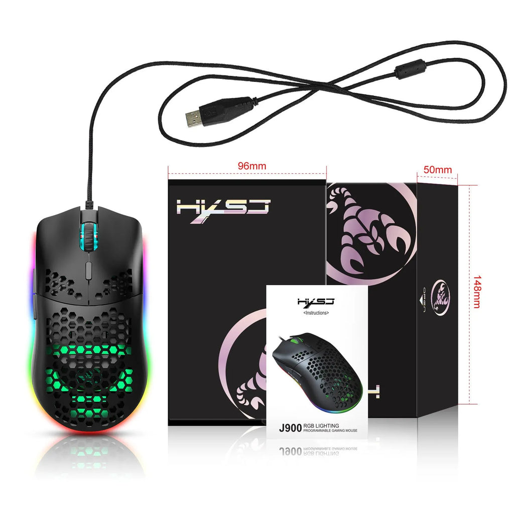 J900 honeycomb shell wired gaming mouse with USB cable in black colour, top view showing six buttons and RGB lighting