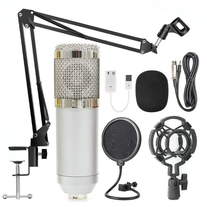 BM-800 condenser microphone on a desktop stand, shown in various colour options including black, silver, and white.