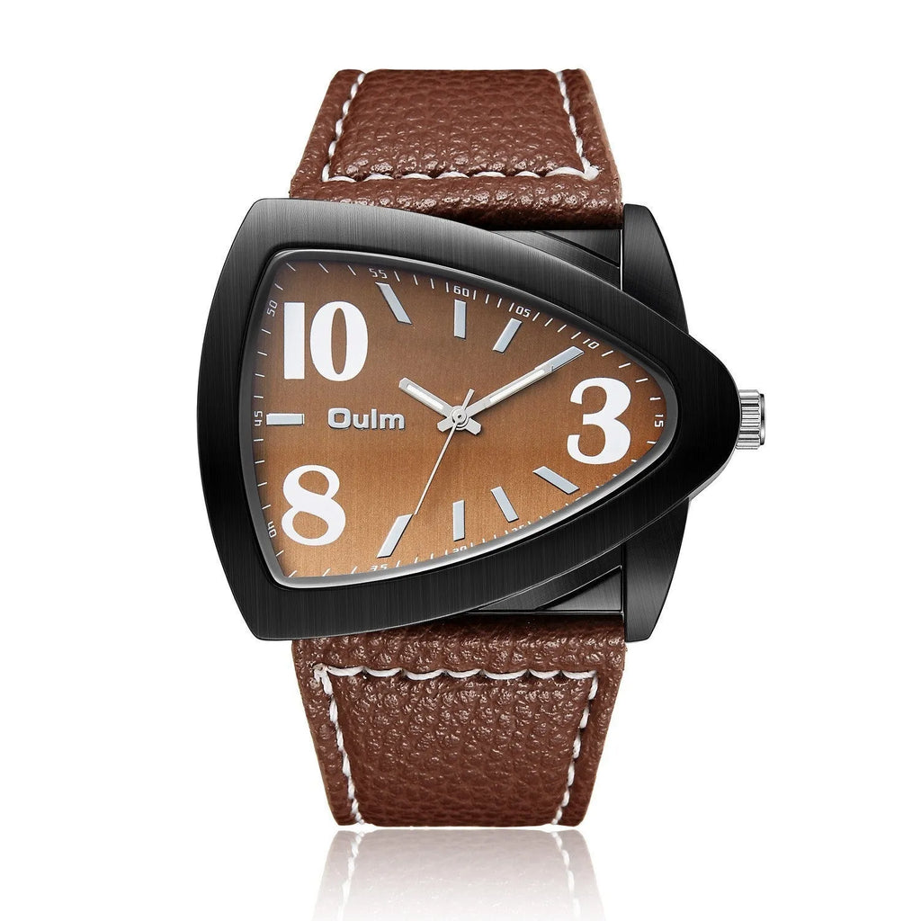 Men's casual triangle belt quartz watch showing analogue face with 9mm thickness