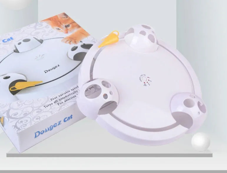 White electric cat turntable toy, 32cm diameter, with mouse-catching element on a flat floor