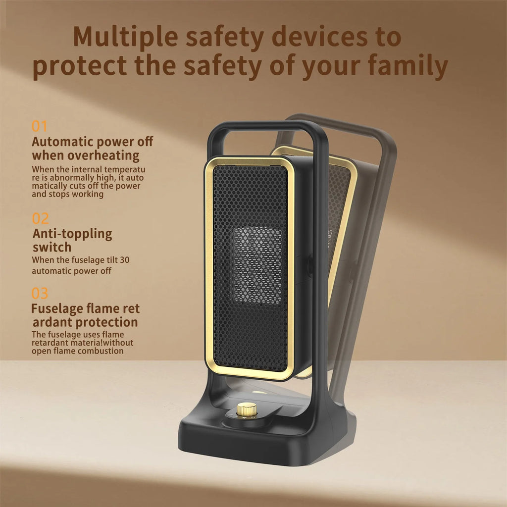 Black PTC ceramic desktop air heater with control knob on a wooden table.