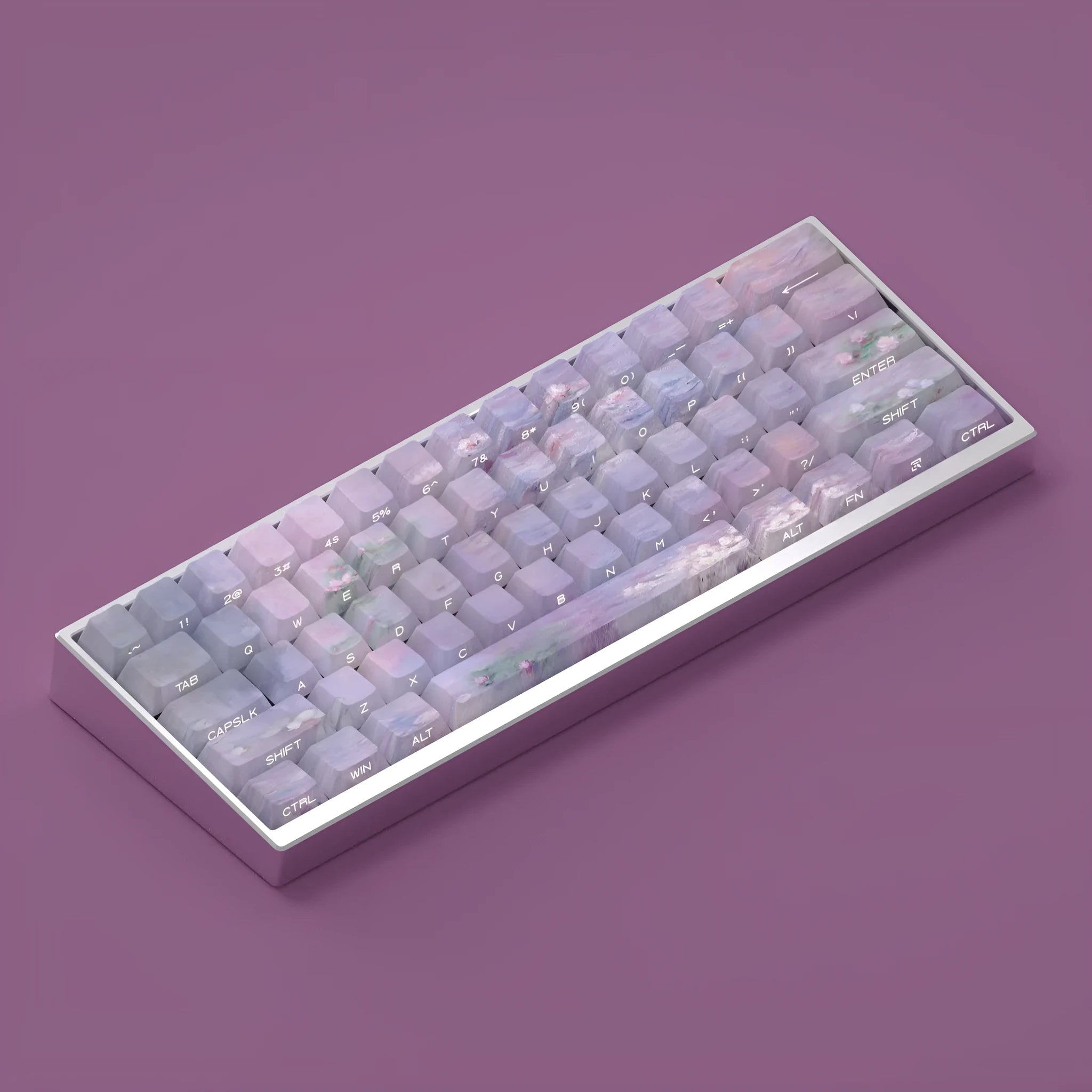 Wenshao Sleeping Lotus PBT keycap set with 130 keys showing side-engraved light transmission design.