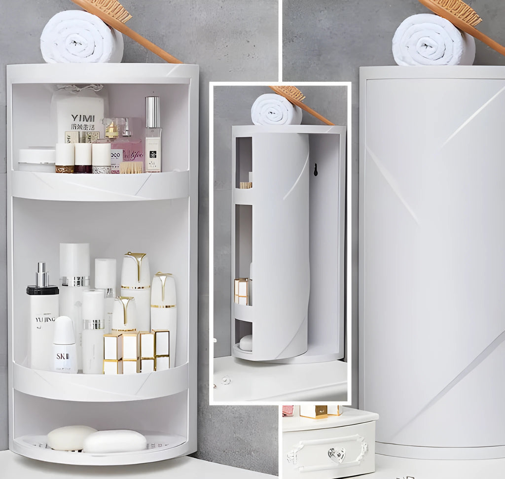 Plastic punch-free 3-tier corner shelf in Nordic white or elegant grey for bathroom or kitchen wall.