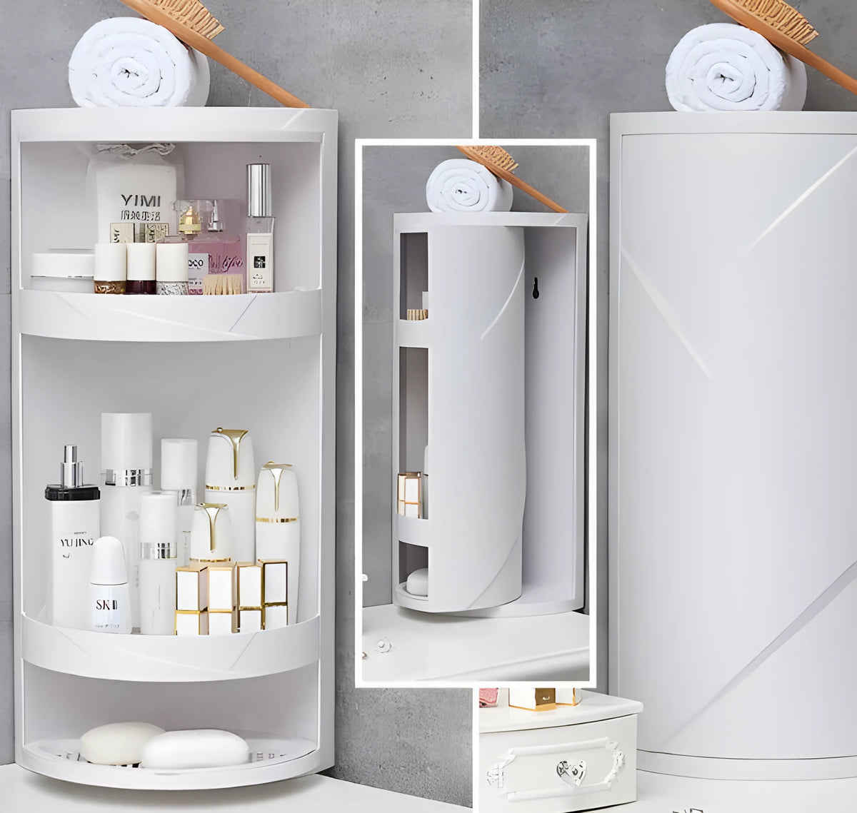Plastic punch-free 3-tier corner shelf in Nordic white or elegant grey for bathroom or kitchen wall.