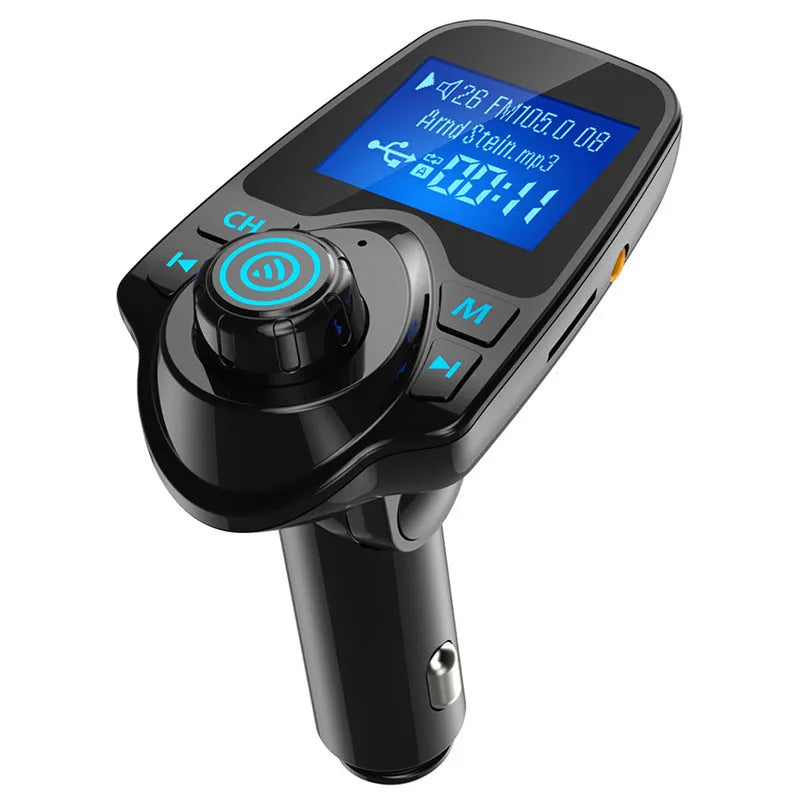 Black car Bluetooth hands-free kit with FM transmitter, USB port, and TF card slot plugged into a 12V socket.