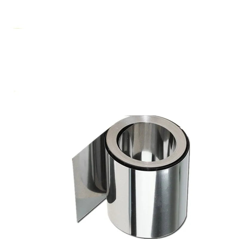 A one-metre strip of thin 304 stainless steel sheet with a brown leather backing.