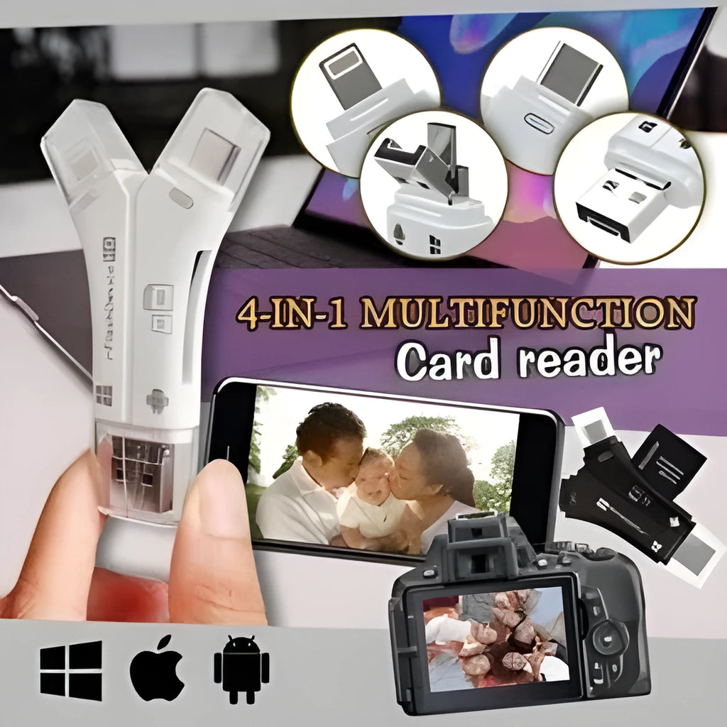 White 4-in-1 card reader for iPhone and Android with SD and Micro SD slots
