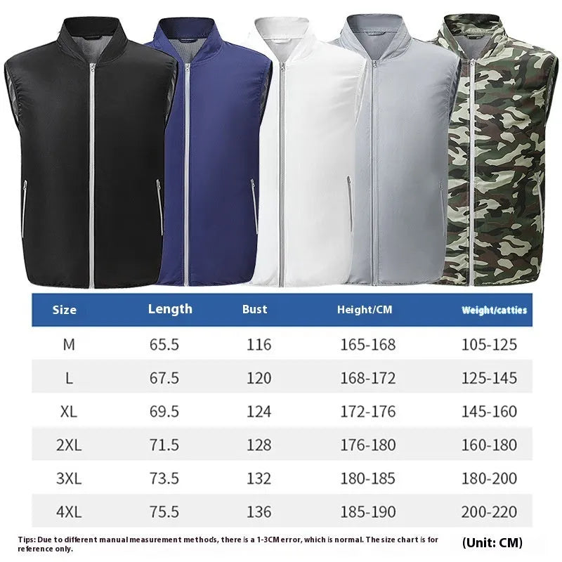 Men's outdoor cooling vest in camouflage with fan and power bank options, polyester, sizes M to 4XL