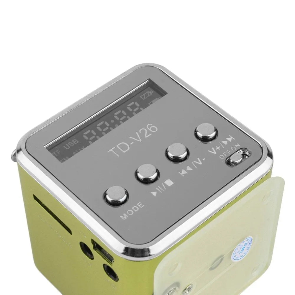 TD-V26 portable mini FM radio speaker MP3 player with LCD display and aluminium alloy body in silver