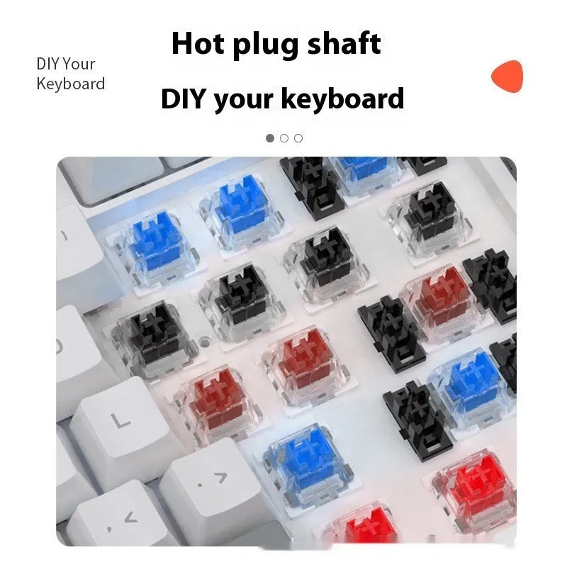 61-key bluish-black and white mechanical keyboard with hot-swap switches on desk