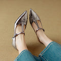 Genuine leather Mary Jane pumps with chunky heel and pointed toe in gunmetal colour