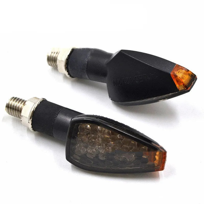 14 LED motorcycle turn signal with black engineering plastic shell, smoked lens, 12V, 10mm thread, amber yellow light