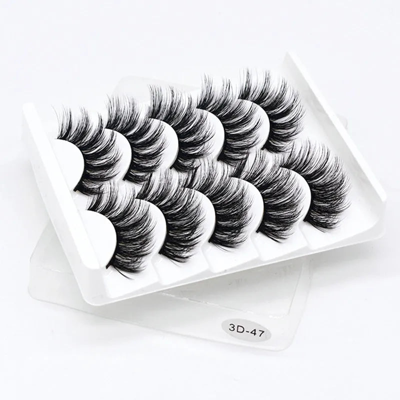 Handmade thick long natural false eyelashes in 3D fiber construction, pack of 5 pairs