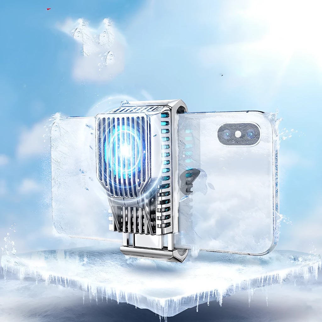 Black clip-on mobile phone radiator cooling fan attached to a smartphone, showing aluminium alloy and ceramic components.