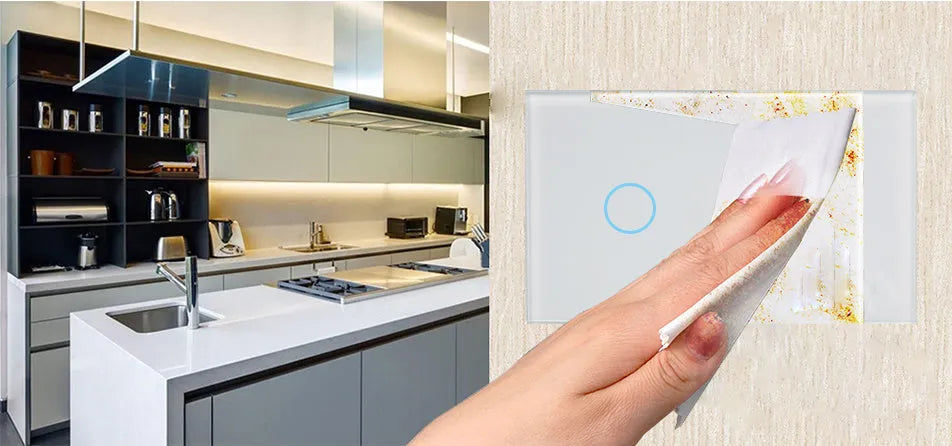 Two-gang remote control light switch with tempered glass touch panel in white, black, or gold colours