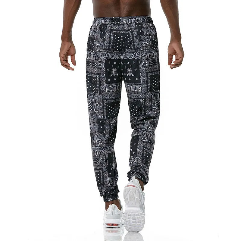 Ethnic printed straight-leg slacks in basic Korean style, mid-rise waist, no belt, available in multiple sizes