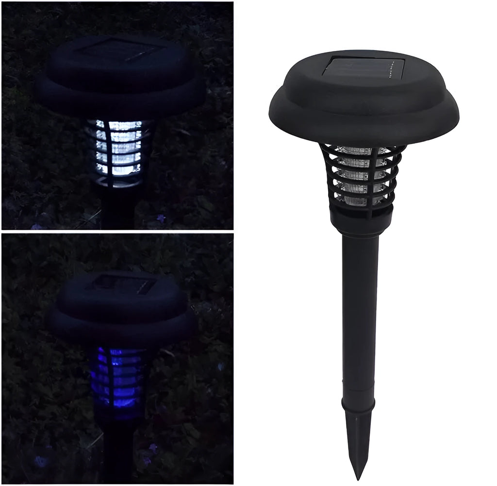 Black solar mosquito lamp with UV purple light and white light LEDs for garden insect control