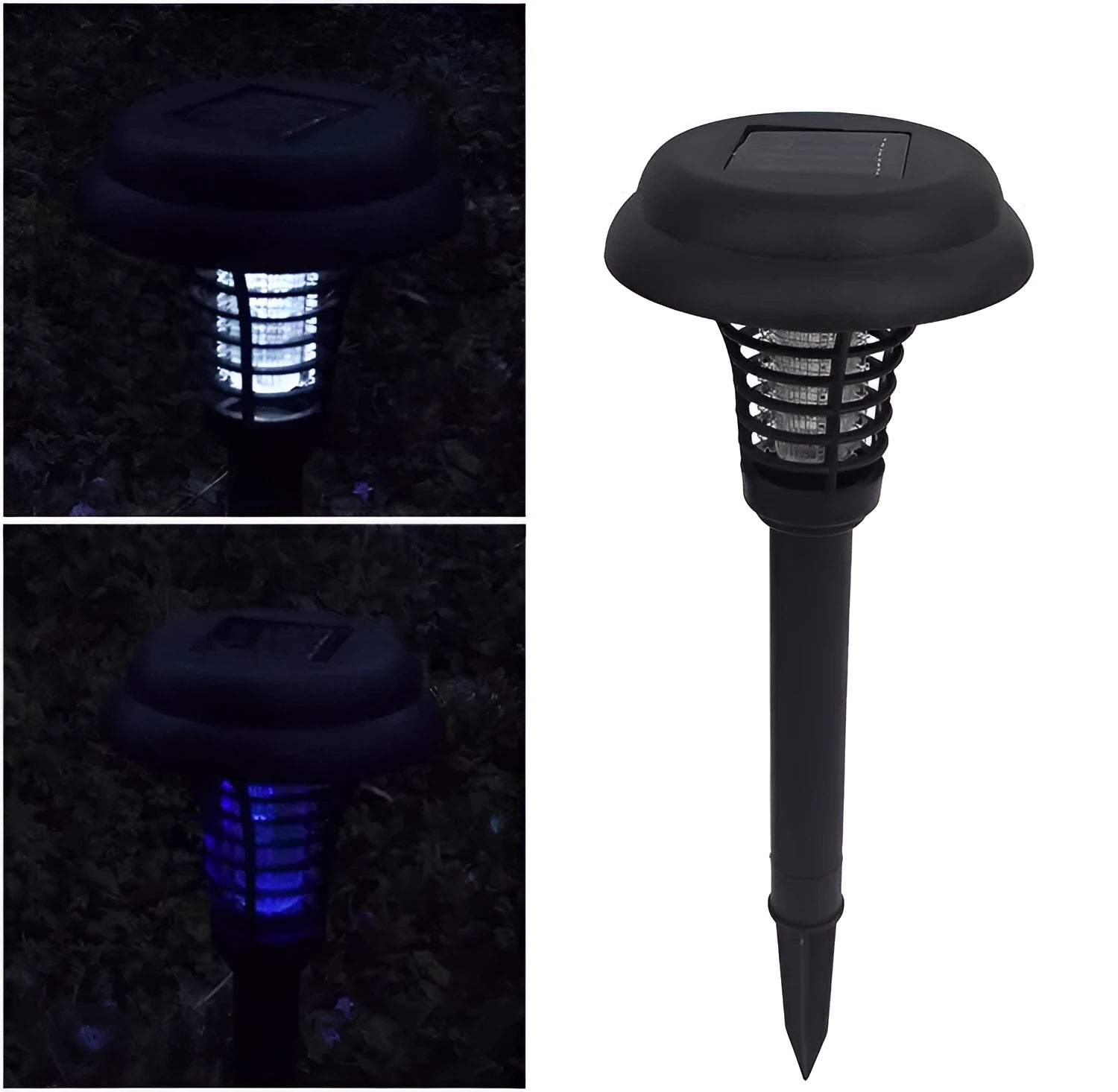 Black solar mosquito lamp with UV purple light and white light LEDs for garden insect control