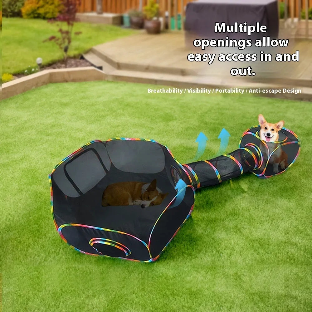 Foldable mesh cat cage showing multiple panel designs including hexagonal and square styles