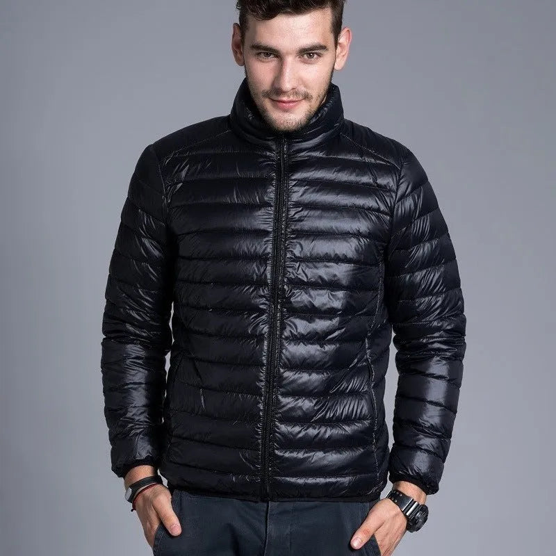 Men's duck down winter parka jacket with hooded lapel, single-breasted, in black
