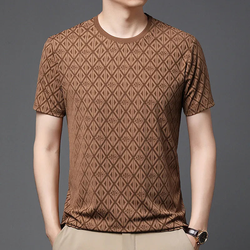 Men's loose fit round neck T-shirt in ice silk fabric with jacquard texture