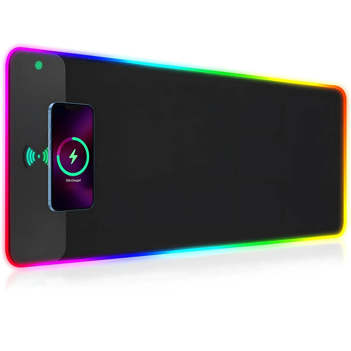 Pure black oversized RGB wireless charging mouse pad with cloth surface, non-slip rubber base, and 3mm thickness