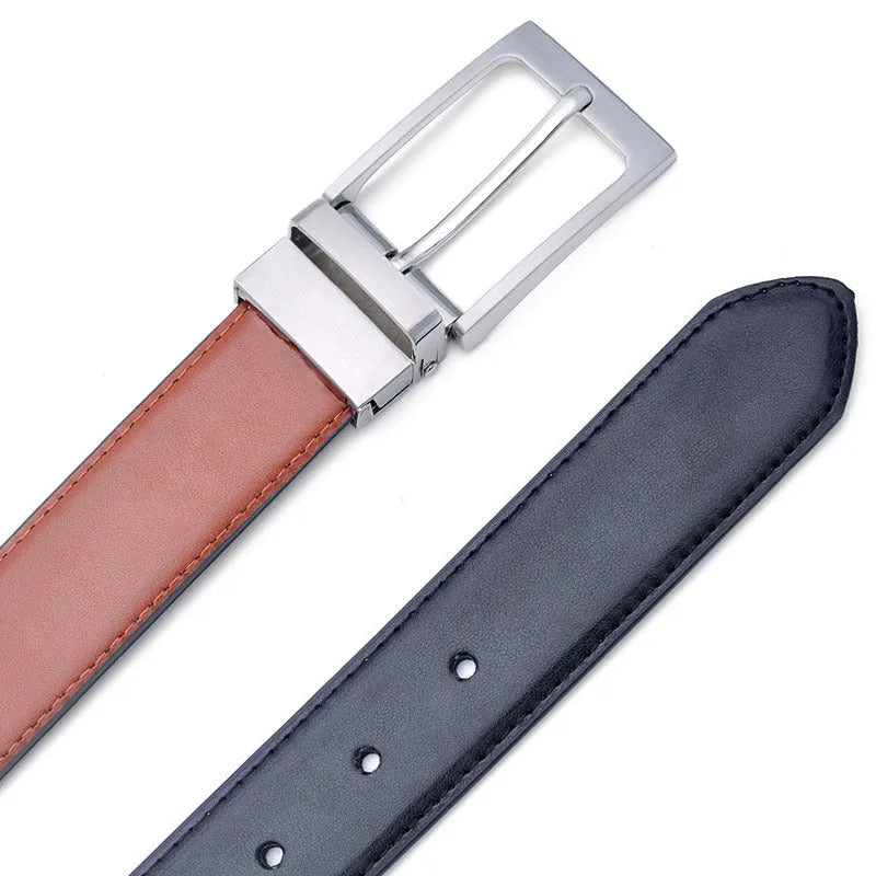 Men's brown black genuine leather belt with rotating alloy pin buckle shown at 120cm length