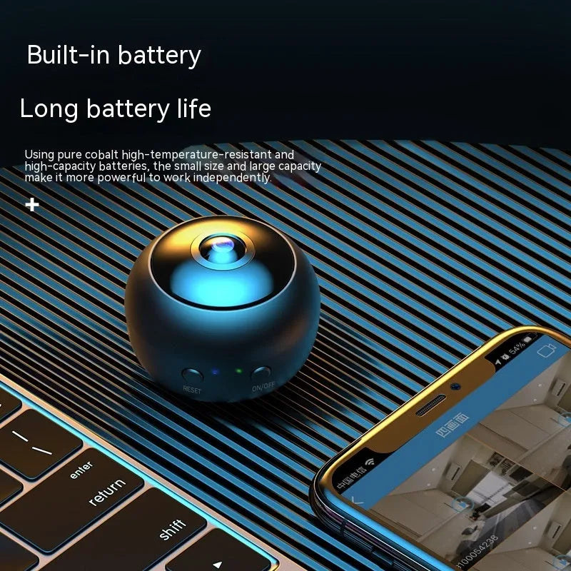 A compact 1080p wireless wifi surveillance camera with a lens, made from white ABS plastic.