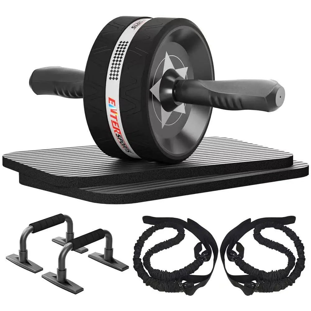 Set of seven abdominal wheel push-up brackets in red, green, black, and blue colours for indoor fitness