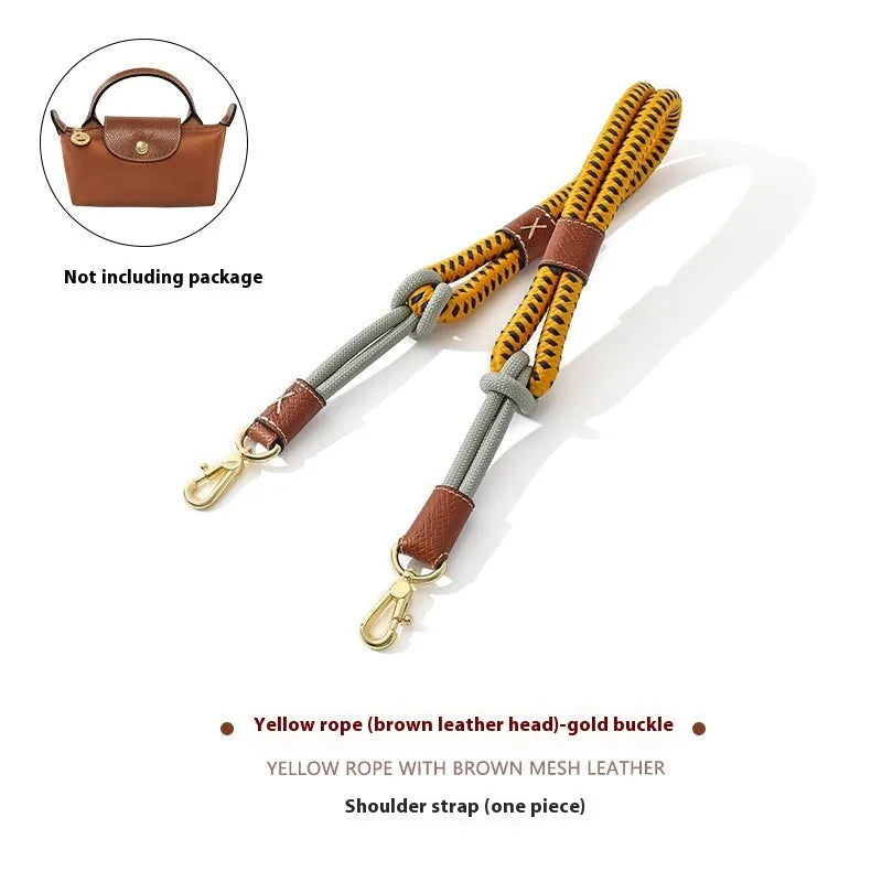 Braided nylon rope shoulder strap with cowhide trim and alloy hardware for bag modification