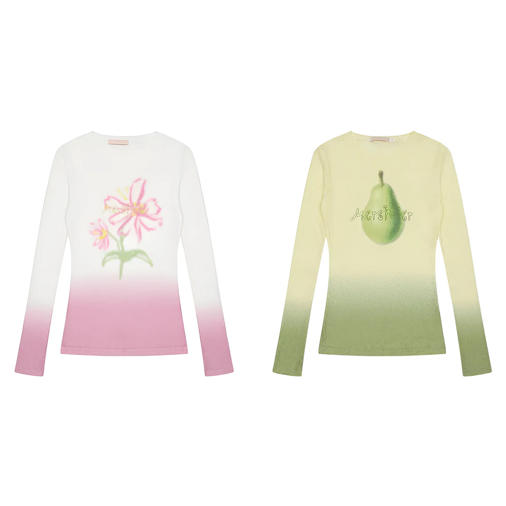 Women's long-sleeved gradient flower print T-shirt in light pink, made from thin polyester fabric.