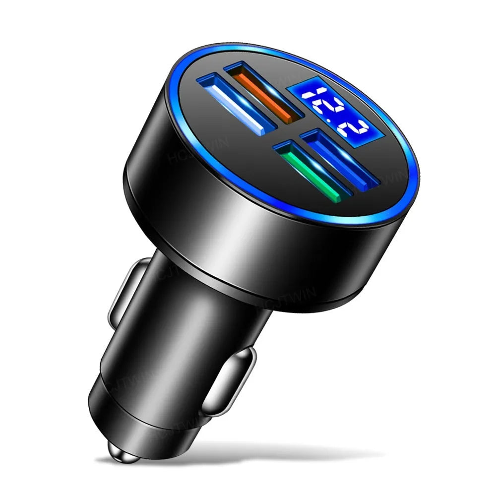 Black 4-port USB car charger with cigarette lighter connection for vehicle charging