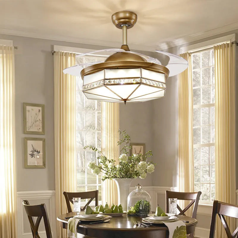 Gold ceiling fan light with invisible blades and remote control for living room