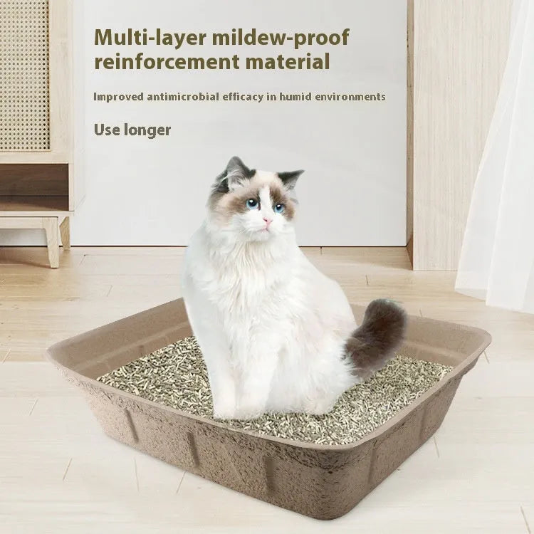 Brown disposable biodegradable cat litter box showing three size options for waterproof temporary use