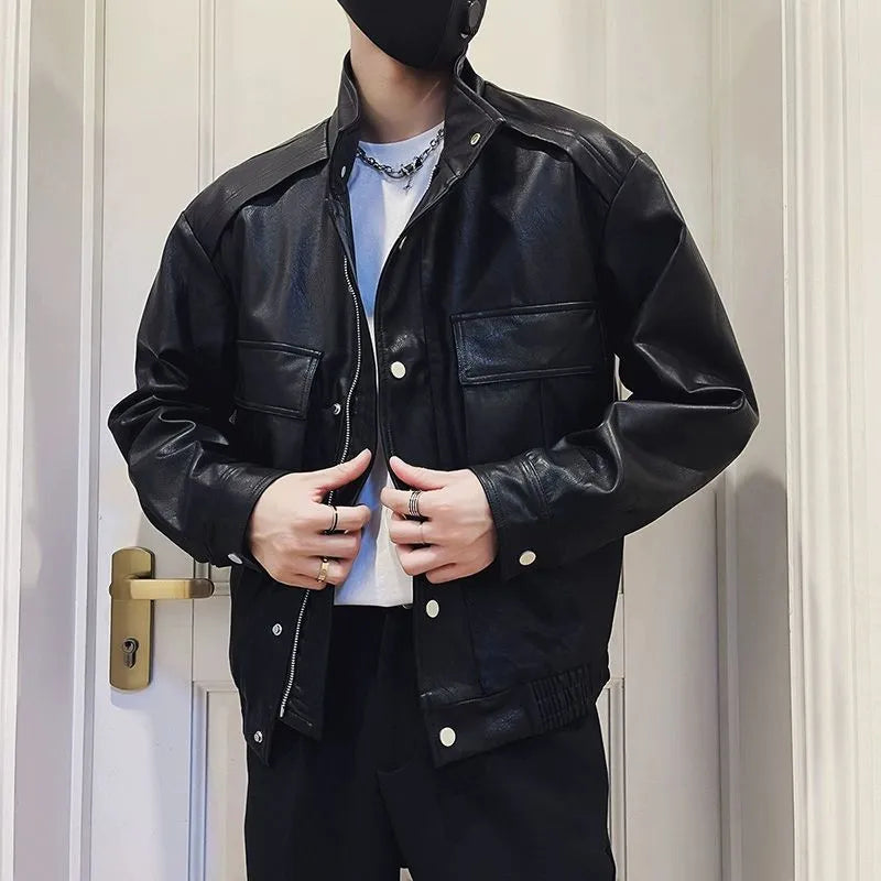 Men's black PU leather pilot jacket with straight hem and side pockets, Korean style.