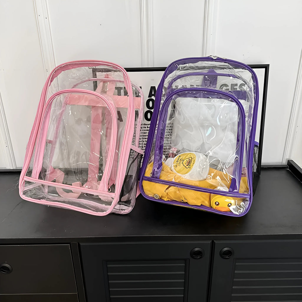 Transparent PVC waterproof backpack in grey with a visible black voile inner bag inside.