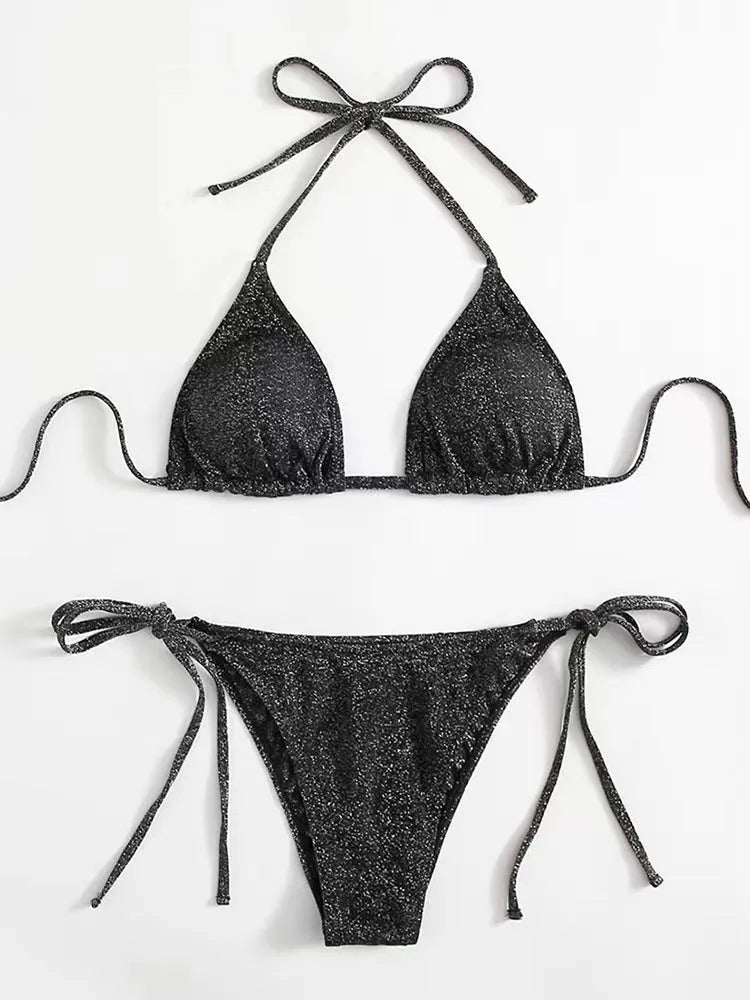 Women's bandage style bikini swimsuit set in polyester, shown in khaki gold colour.